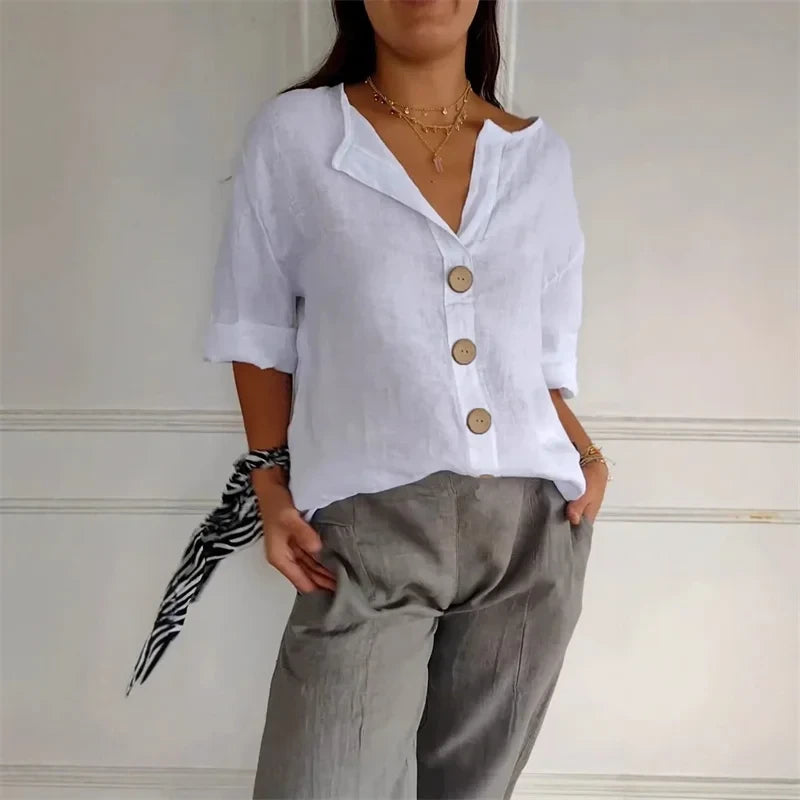 Women's Loose Cotton Linen Button Blouse Casual Breathable Work Top