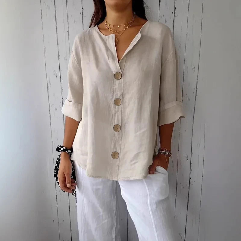 Women's Loose Cotton Linen Button Blouse Casual Breathable Work Top