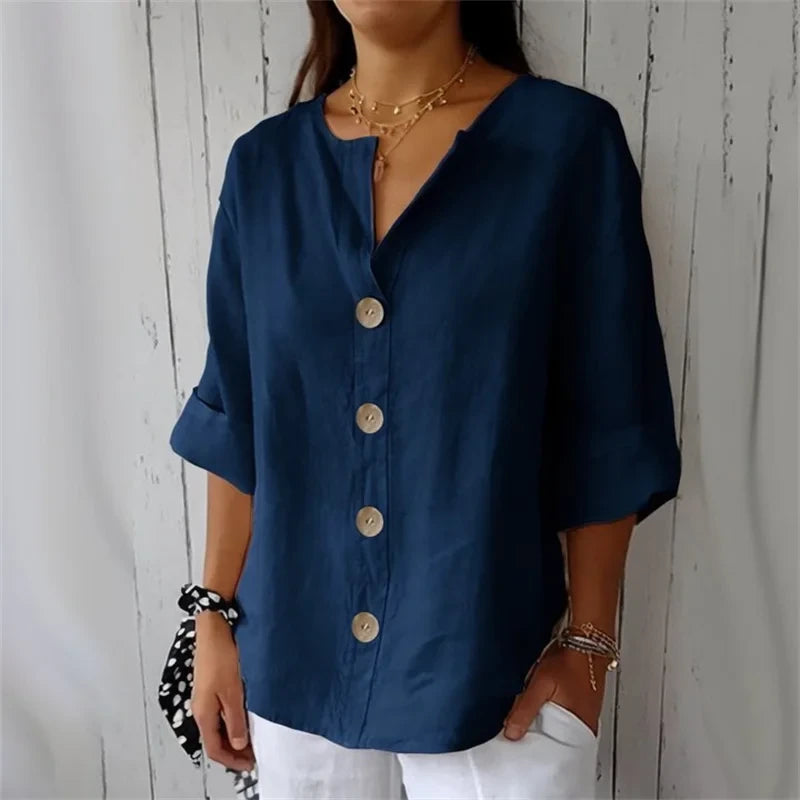 Women's Loose Cotton Linen Button Blouse Casual Breathable Work Top