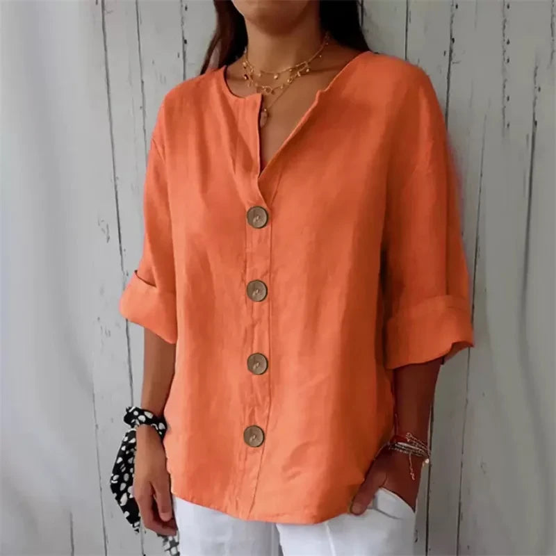 Women's Loose Cotton Linen Button Blouse Casual Breathable Work Top