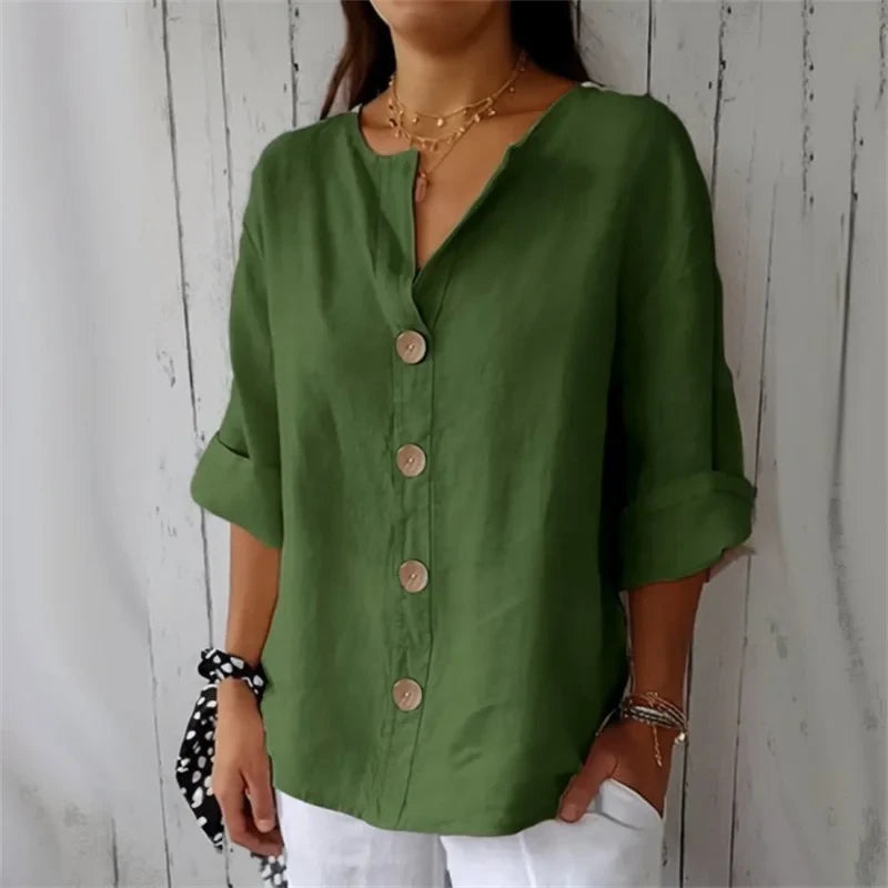 Women's Loose Cotton Linen Button Blouse Casual Breathable Work Top