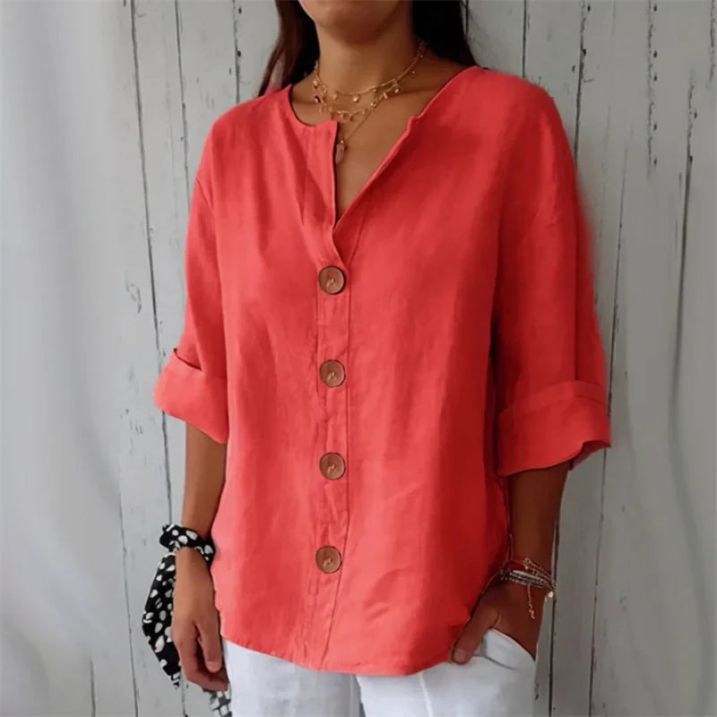 Women's Loose Cotton Linen Button Blouse Casual Breathable Work Top