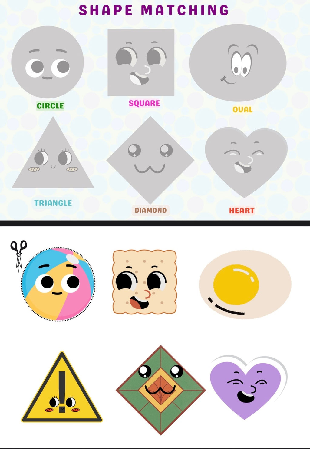 Shape matching game with cartoon shapes and objects on a white background