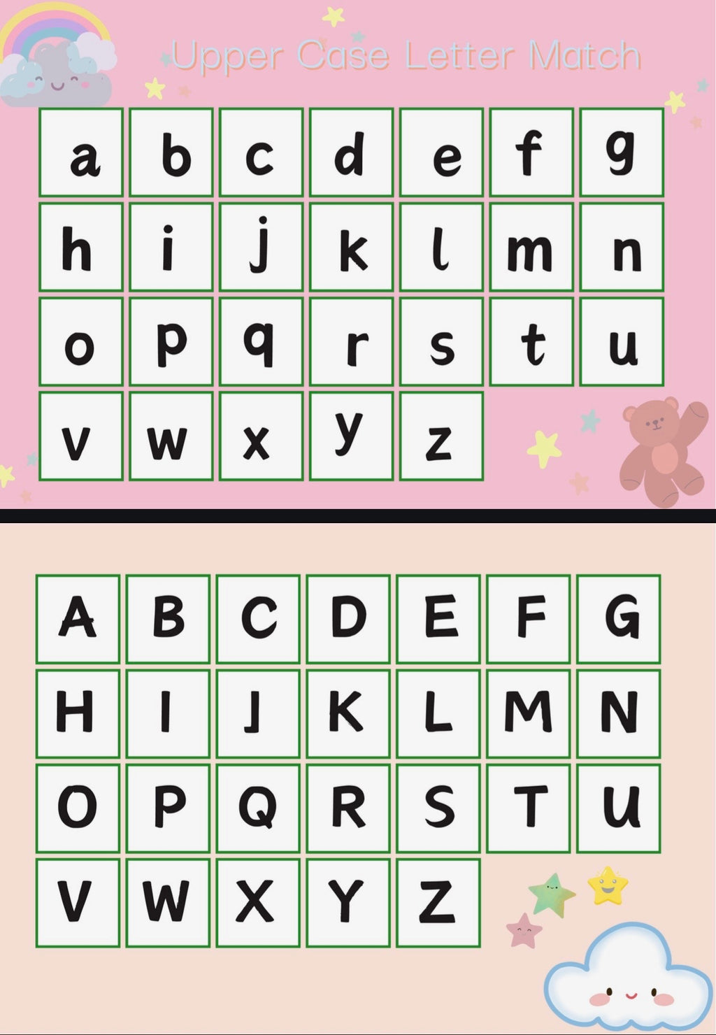 Upper case letter matching game with alphabet letters on a pink background