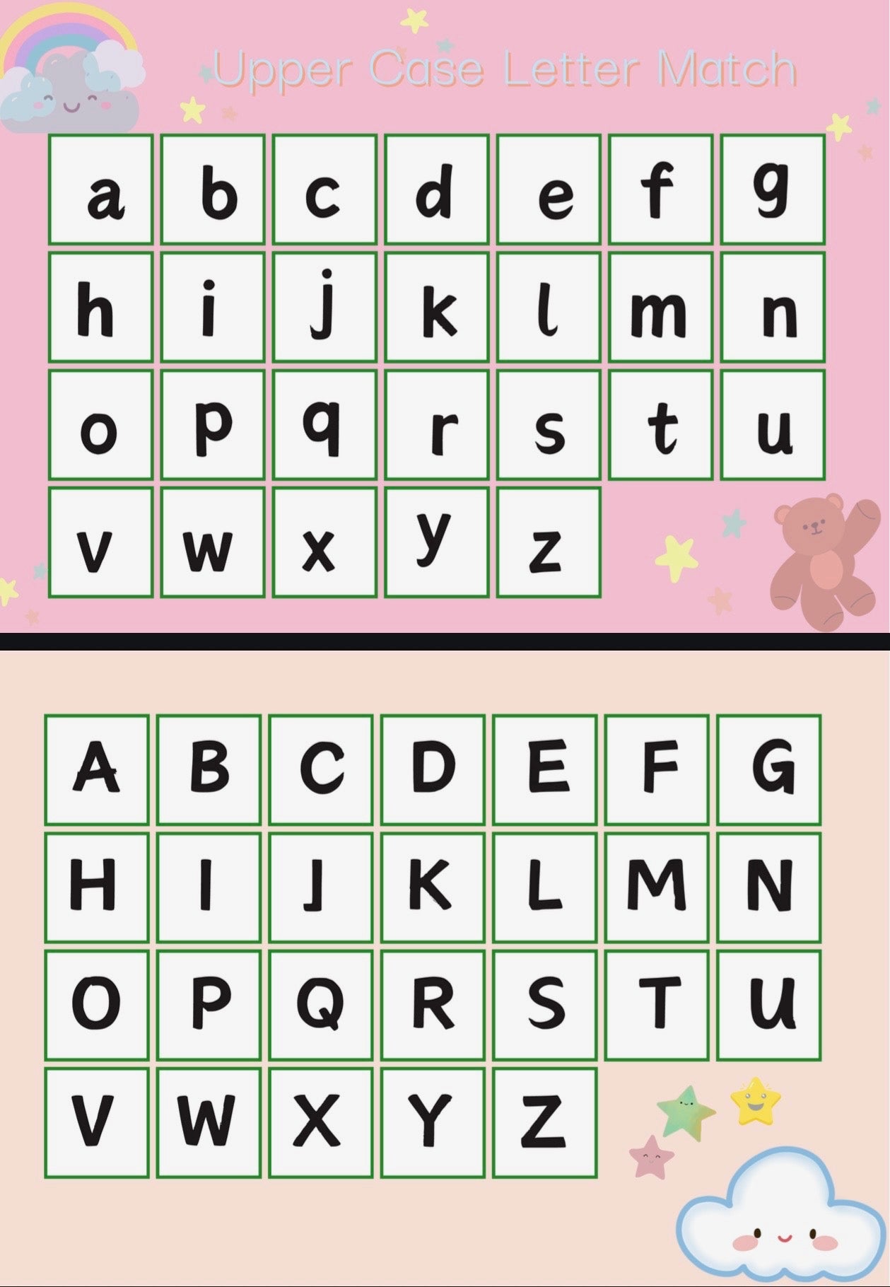 Upper case letter matching game with alphabet letters on a pink background