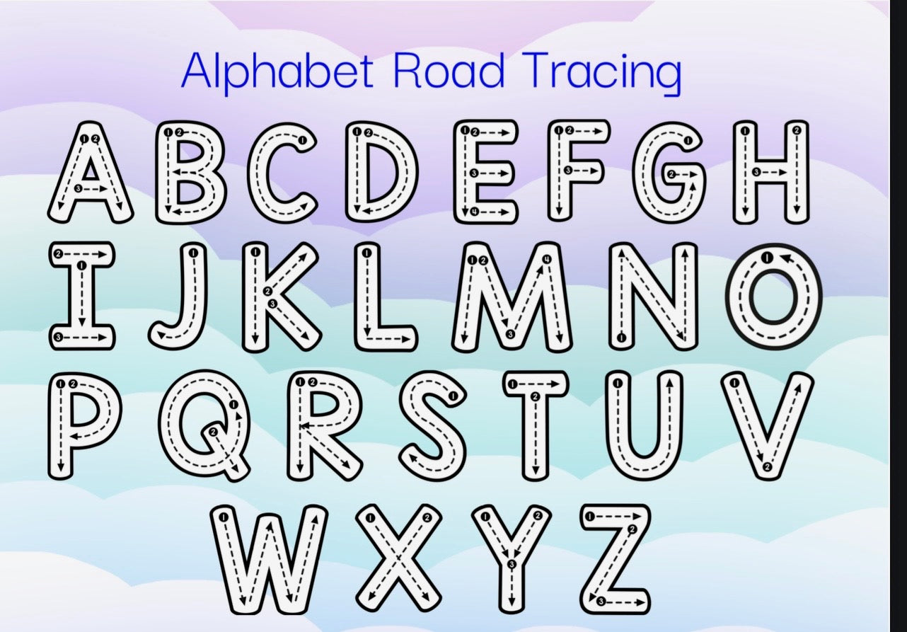 Alphabet road tracing letters on a colorful background