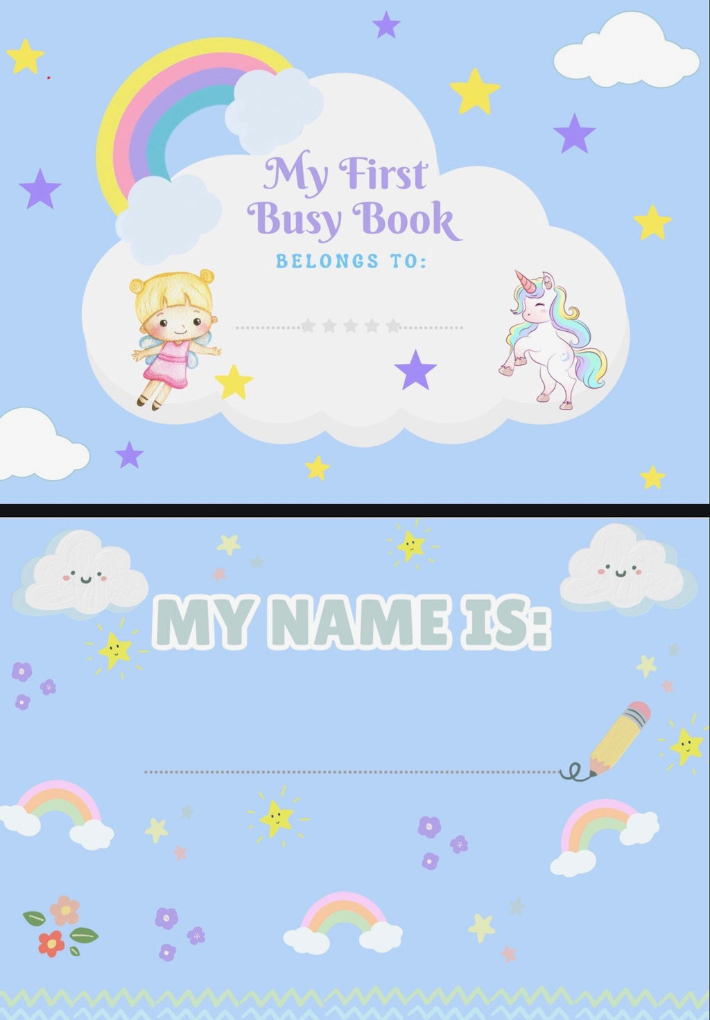 Cover of 'My First Busy Book' with cartoon characters and colorful elements on a blue background.