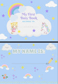 Cover of 'My First Busy Book' with cartoon characters and colorful elements on a blue background.