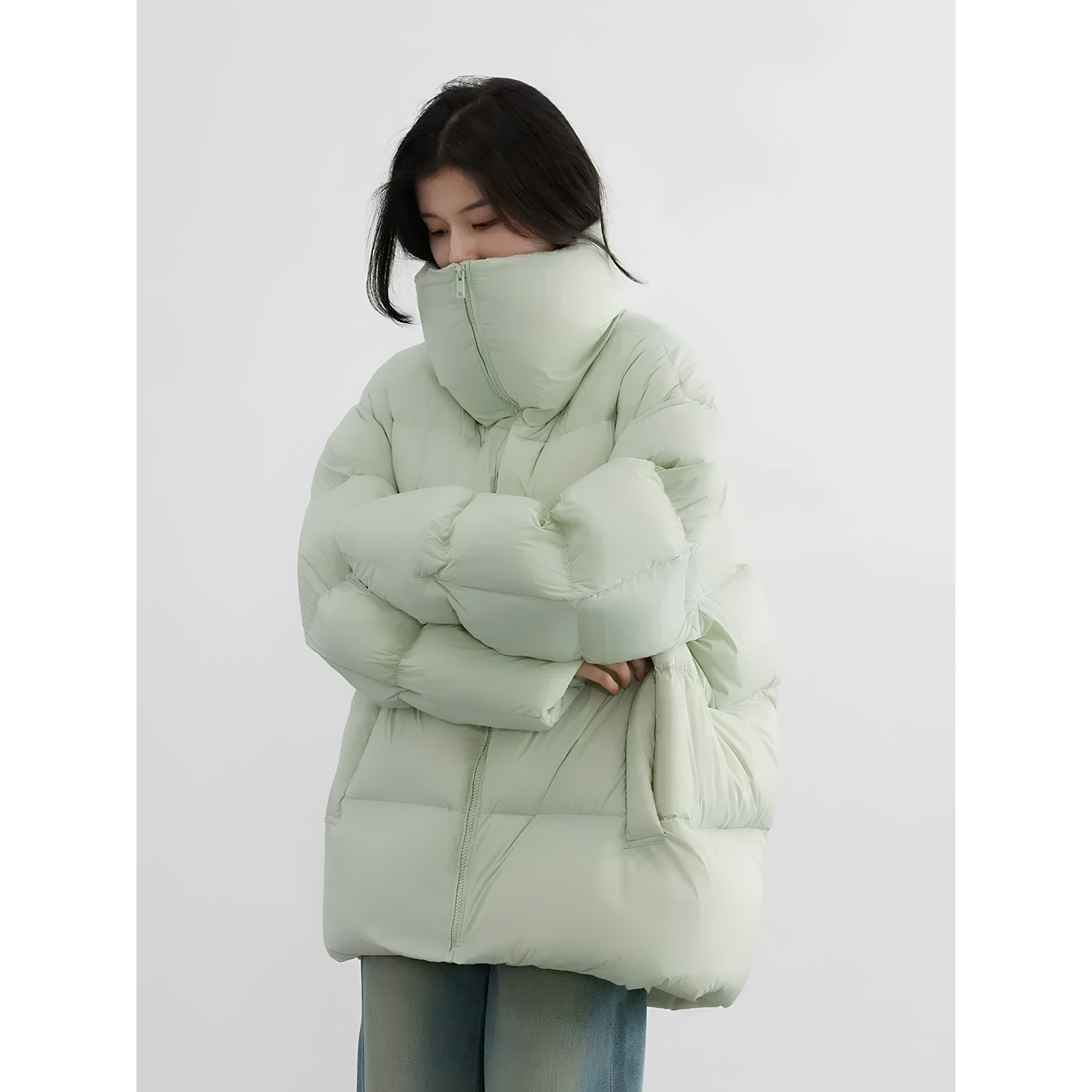 Women's Long Down Jacket Lightweight Winter Coat Chic Ven Black Light Green