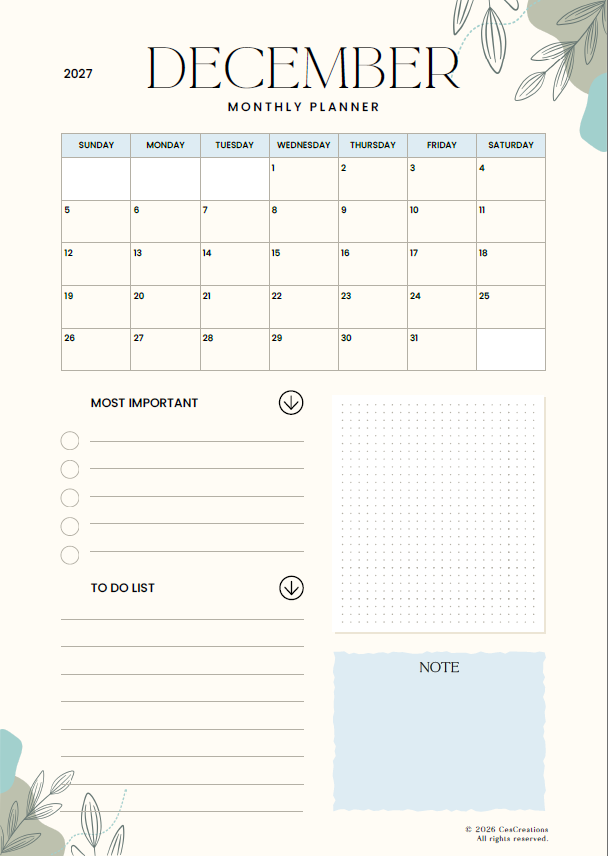 Green Sage Minimal Monthly Planner 2027
