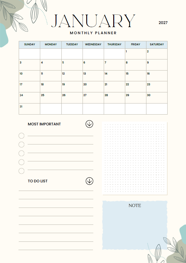Green Sage Minimal Monthly Planner 2027